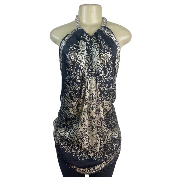 Forever Halter Neck Black & Gold Blouse With Chain Detail Paisley Size M - New - Picture 1 of 12
